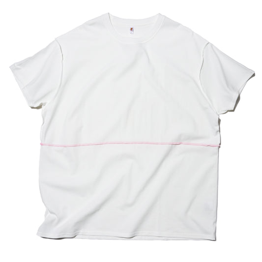 ZISE 010 MIDDLE STITCH T-SHIRT (WHITE w/ PINK STITCHES)