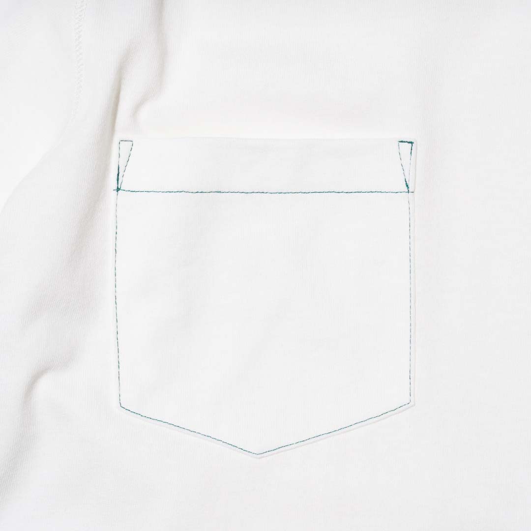 ZISE 008 DOUBLE POCKETS T-SHIRT (WHITE w/ GREEN STITCHES)