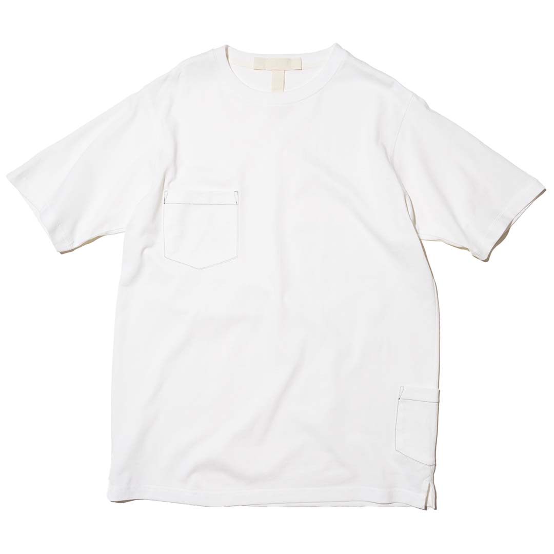 ZISE 008 DOUBLE POCKETS T-SHIRT (WHITE w/ GREEN STITCHES)